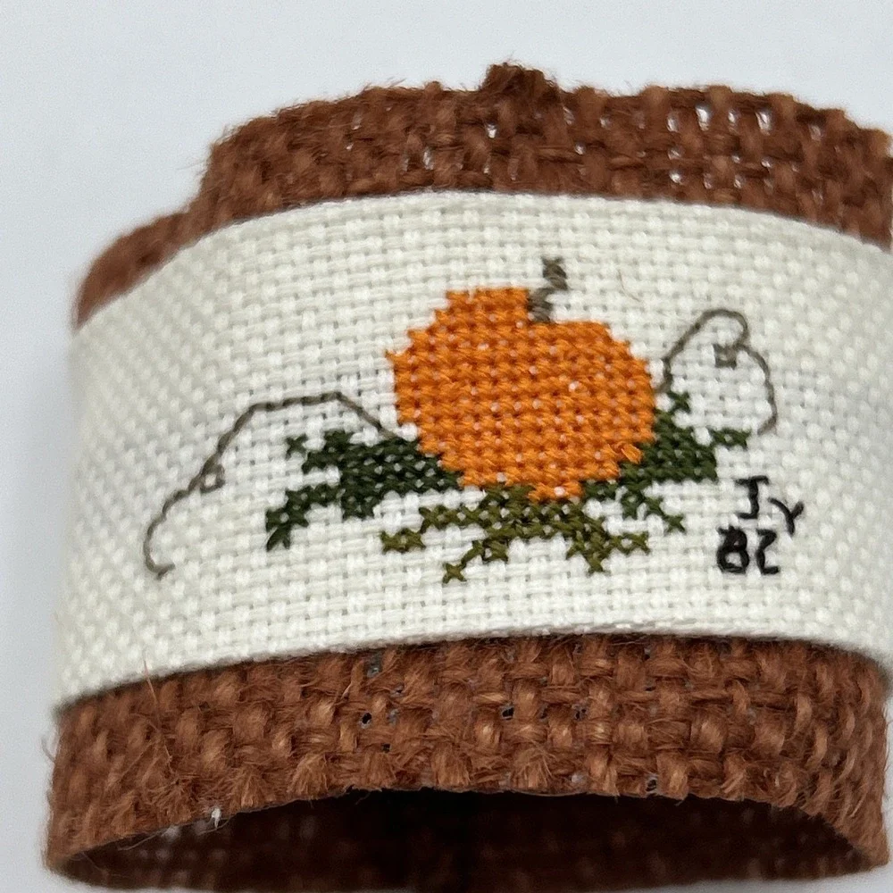 Set Of 6 Handmade Hand Cross Stitched Napkin Rings Fall Pumpkin Harvest